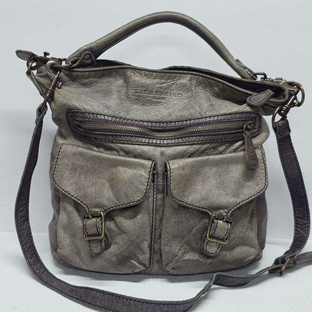 Liebeskind Berlin Distressed Leather Women Hobo Bag Crossbody In Olive Gray